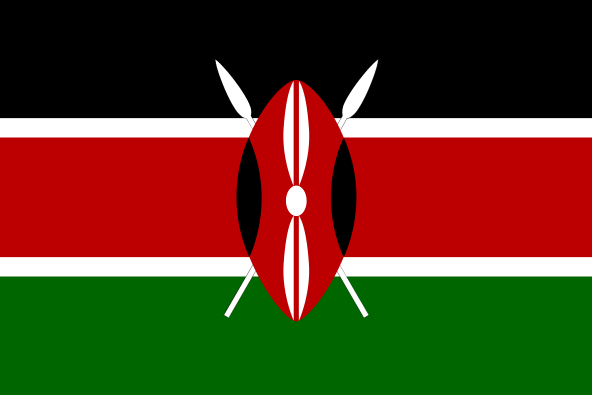 the flag of Kenya, featuring horizontal stripes of black, red, and green, separated by white fimbriations, and a central Maasai shield and spears