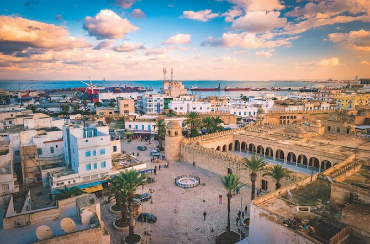 Bird's eye view of town and beach in Sousse, Tunisia