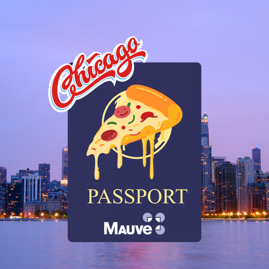 chicago skyline with passport and pizza slice