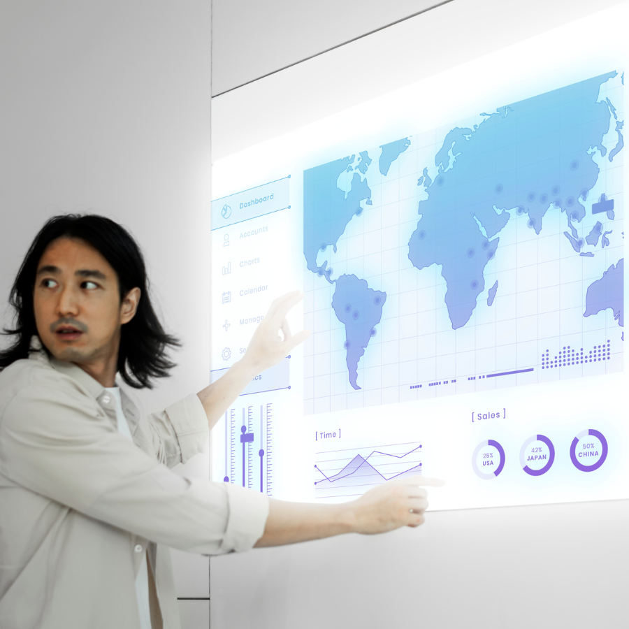 Asian man presenting stats