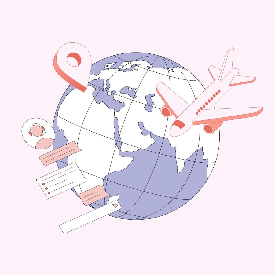 Illustration of a plane circling a globe on a pale pink background
