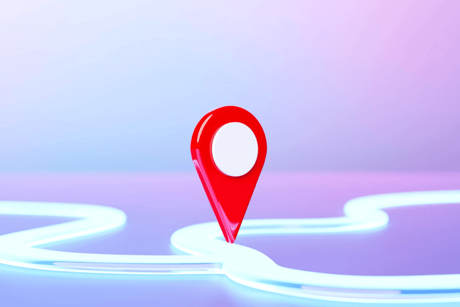 Red 3D location pin on a mauve background