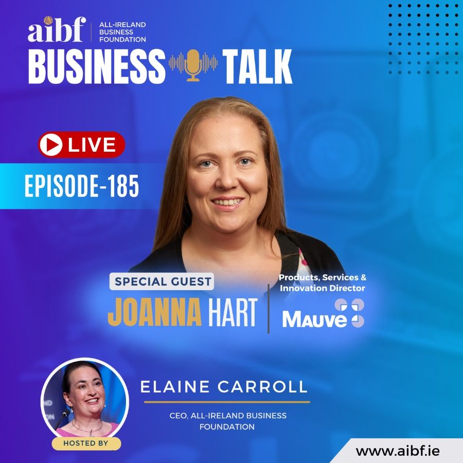 A headshot of Joanna featuring on AIBF's podcast poster