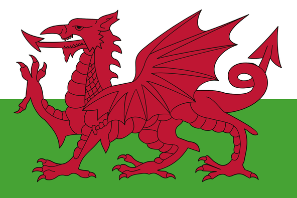 the flag of Wales features a red dragon on a white and green background