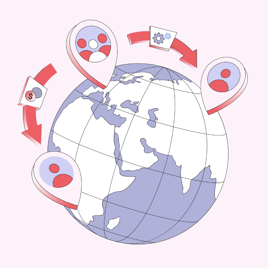 Illustration of a network of location pins around a globe