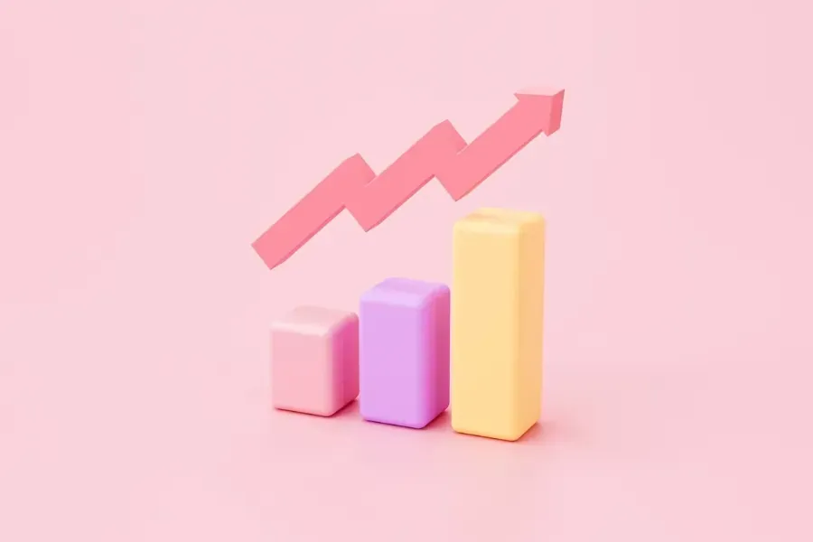 A pink arrow with an upwards trajectory atop a bar chart