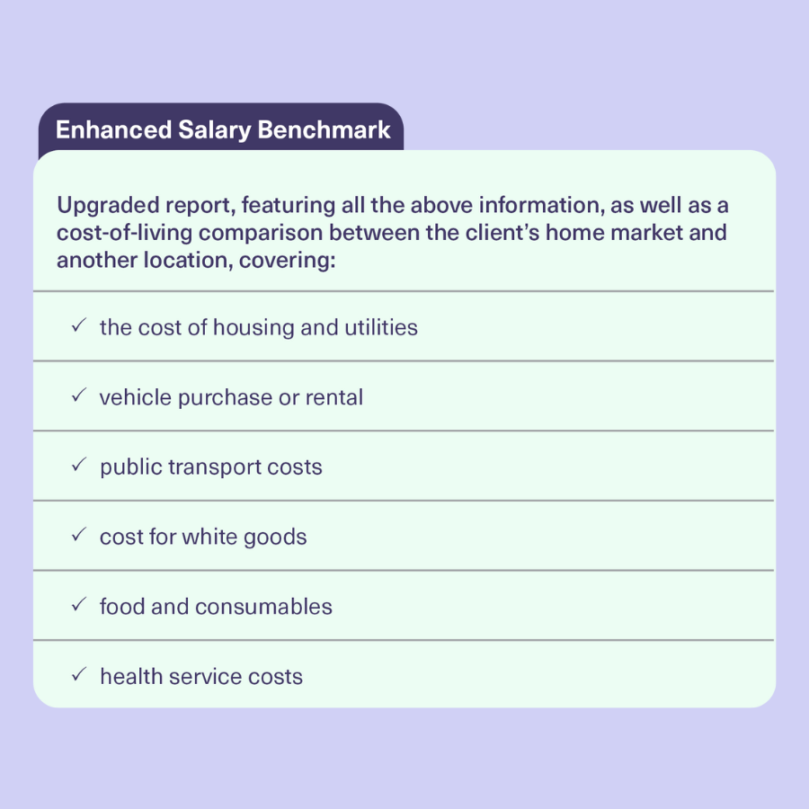a table of features of Mauve's Enhanced Salary Benchmarking service