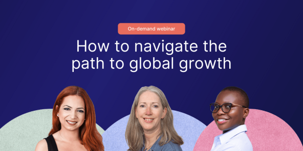 indigo coloured background featuring speaker headshots and 'How to navigate the path to global growth'