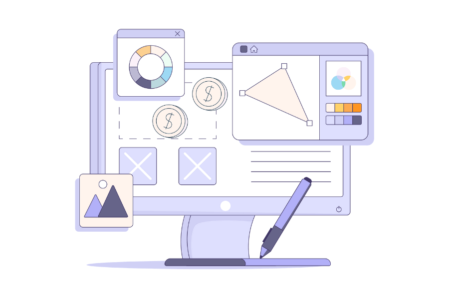 Illustration of a computer screen featuring pop-out windows