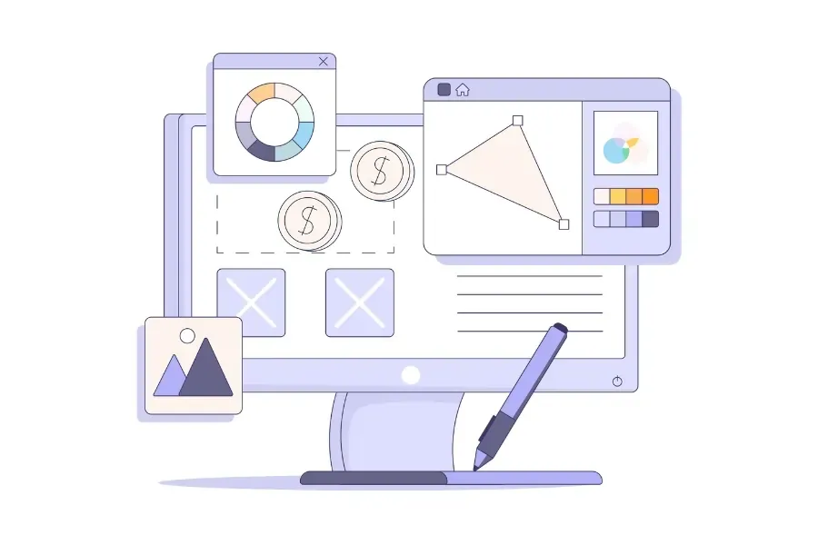 Illustration of a computer screen featuring pop-out windows