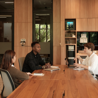 A diverse team in an office meeting