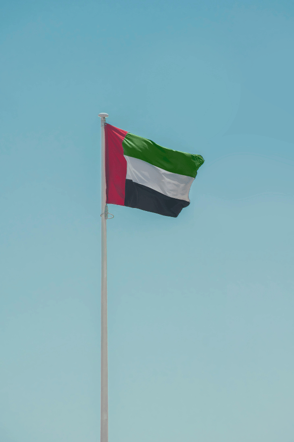 Image of the UAE flag and a pale blue sky