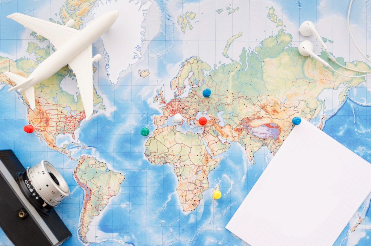 World Map-Pins-Plane-Camera-Travel