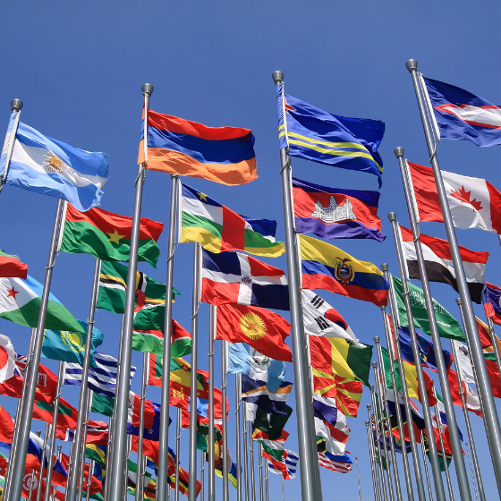 A collection of national flags from various countries displayed on flagpoles against a clear blue sky.
