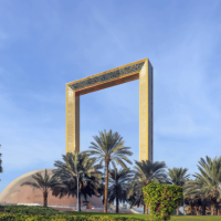 Image of the Dubai Frame on a bright blue sky background