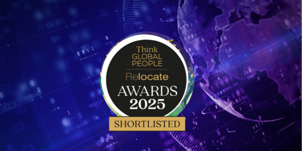 A Relocate Awards 2025 logo over a purple background of a globe