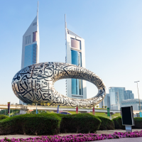 The Museum of the Future in Dubai, a torus-shaped building covered in Arabic calligraphy, stands against a clear blue sky with modern skyscrapers in the background.