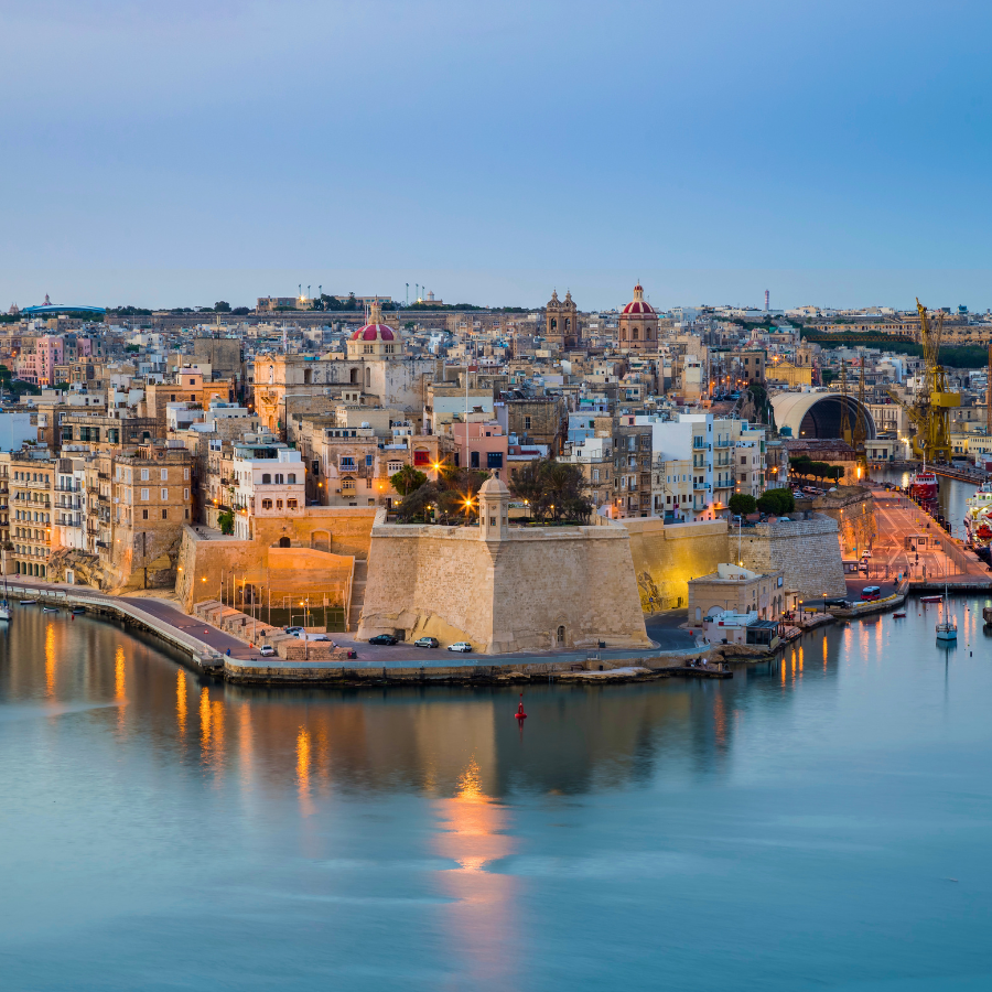 island of Senglea and Gardjola Gardens at sunrise taken from Valletta