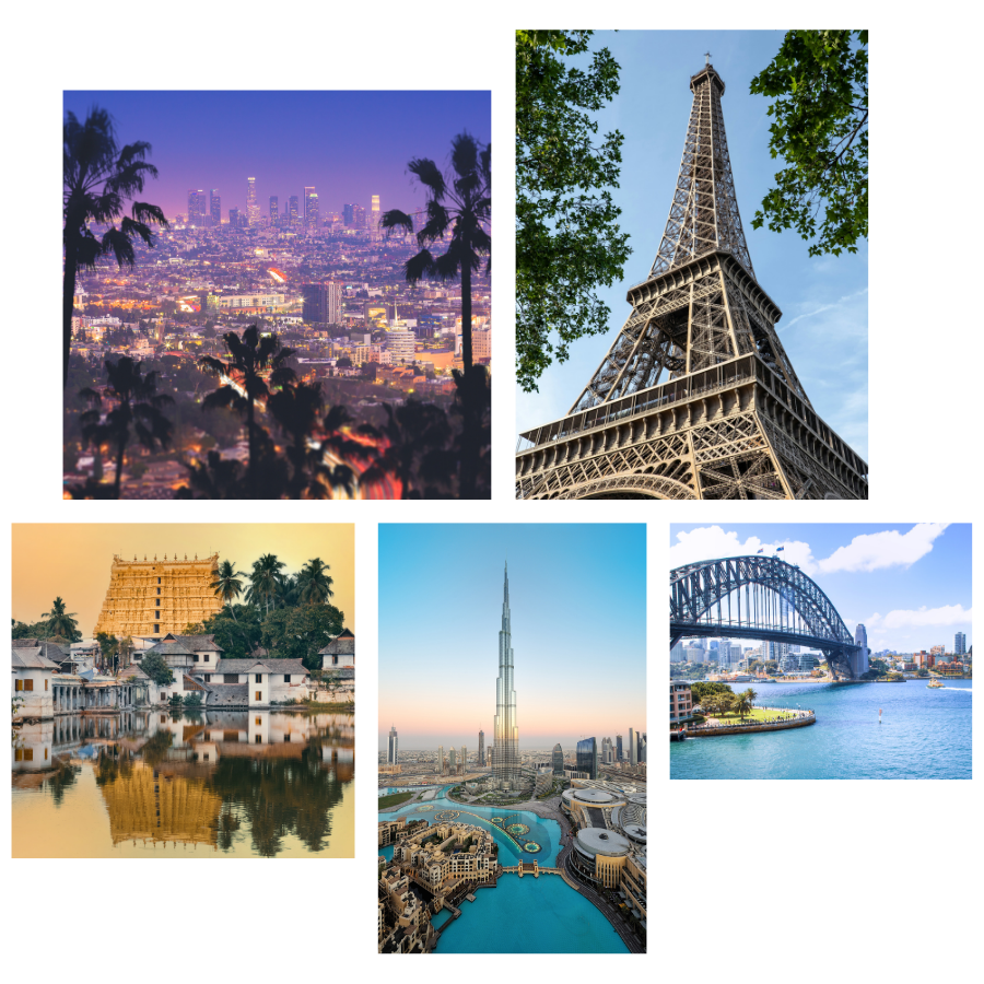 Collage of global cities and their landmarks