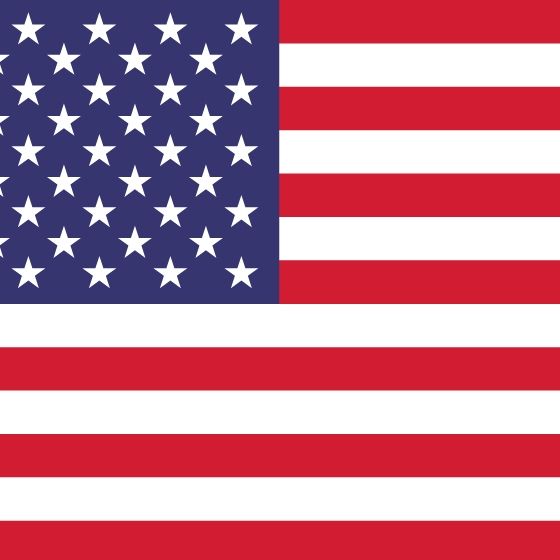Flag of the US with 13 horizontal red and white stripes and a blue rectangle in the top left corner containing 50 white stars