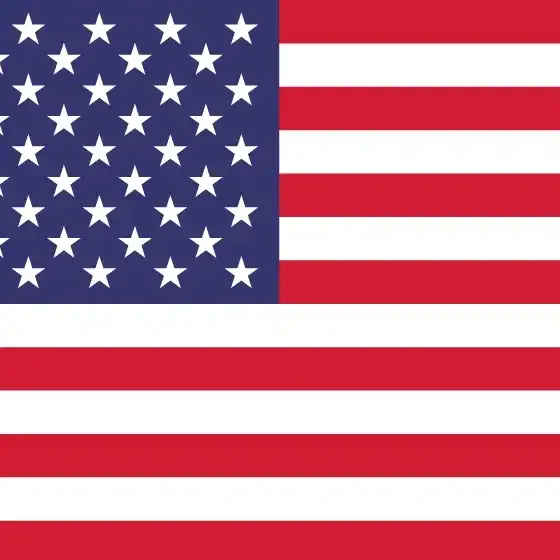 Flag of the US with 13 horizontal red and white stripes and a blue rectangle in the top left corner containing 50 white stars