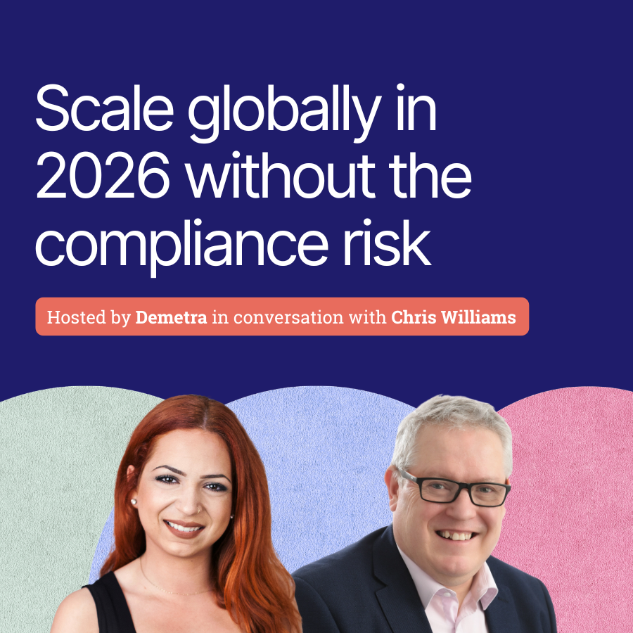 indigo coloured background featuring speaker headshots and 'Scaling globally in 2026 without compliance risk'