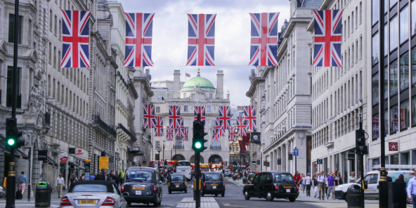 British flags lining Piccadilly Circus in London