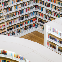 An overhead view of a library filled with books