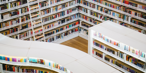 An overhead view of a library filled with books