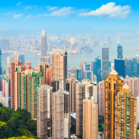 a dense green forest slopes down towards a bustling city skyline filled with numerous skyscrapers under a bright blue sky with scattered clouds