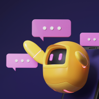 Chatbot amarillo con burbuja de conversación rosa que representa la tecnología de IA