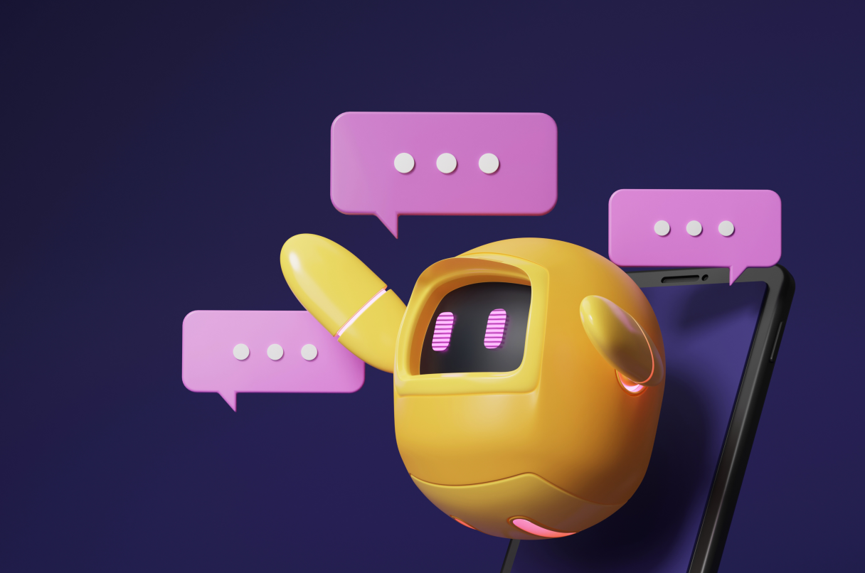 Chatbot amarillo con burbuja de conversación rosa que representa la tecnología de IA