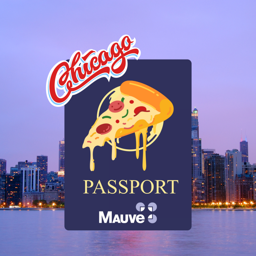 horizonte de chicago con pasaporte y trozo de pizza